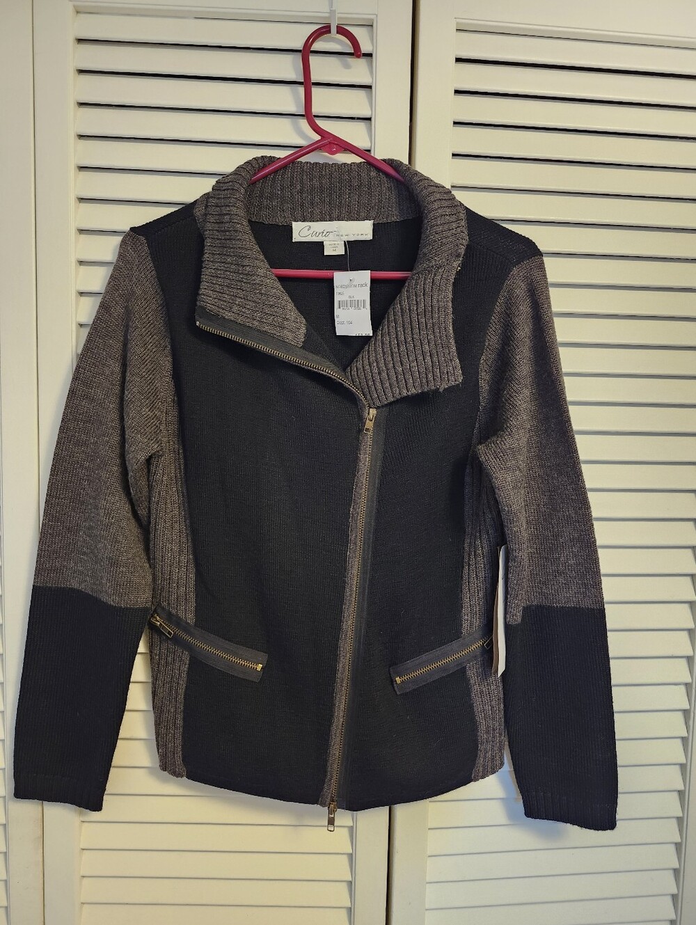 Curio New York Black and Brown Knit Jacket With Acymetrical Zipper